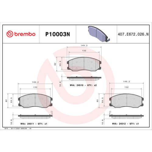 PRIME Ceramic Brake Pad Set for 2007-2015 Chevrolet/Suzuki/Pontiac (Equinox, XL-7, Torrent, Vue) P10003N - diagram