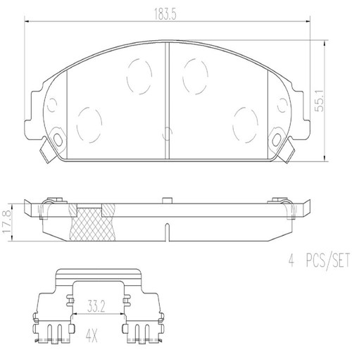 PRIME Ceramic Brake Pad Set for 2008-2020 Dodge/Chrysler (Caliber, Charger, 200, Challenger) P11017N - diagram