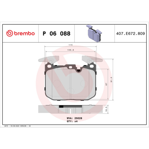 PRIME Low-Met Brake Pad Set for 2012-2021 BMW (328i, 335i, ActiveHybrid 3, 328i xDrive) P06088 - diagram