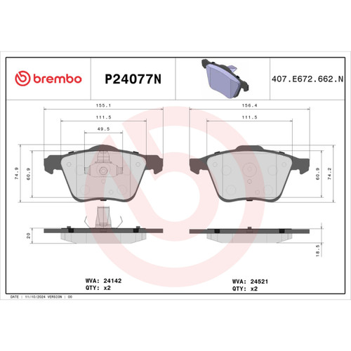 PRIME Ceramic Brake Pad Set for 2007-2018 Volvo (S80, XC70, V70, S60) P24077N - diagram