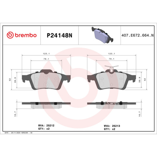 PRIME Ceramic Brake Pad Set for 2004-2023 Volvo/Ford (S40, V50, C70, C30) P24148N - diagram