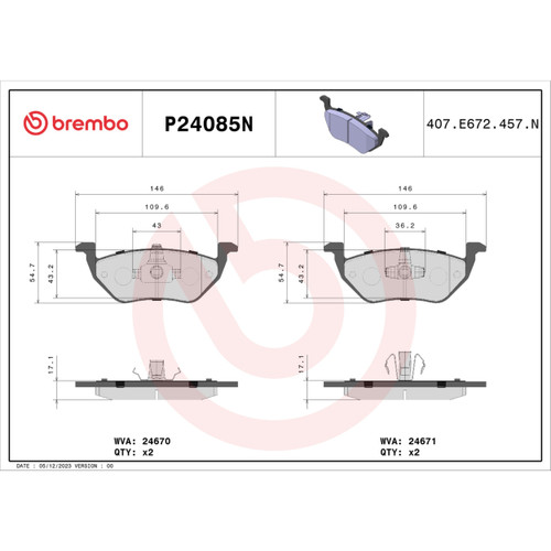 PRIME Ceramic Brake Pad Set for 2005-2008 Ford/Mazda/Mercury (Escape, Tribute, Mariner) P24085N - diagram