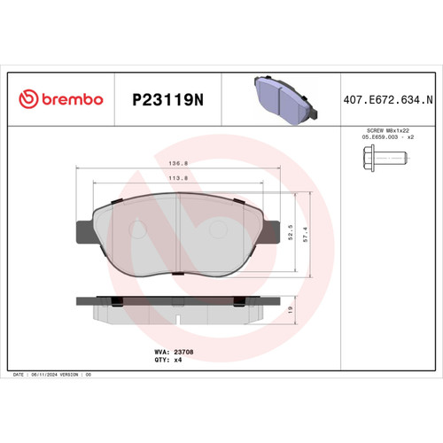 PRIME Ceramic Brake Pad Set for 2012-2017 Fiat (500) P23119N - diagram