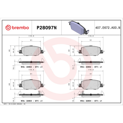 PRIME Ceramic Brake Pad Set for 2017-2025 Honda (CR-V) P28097N - diagram