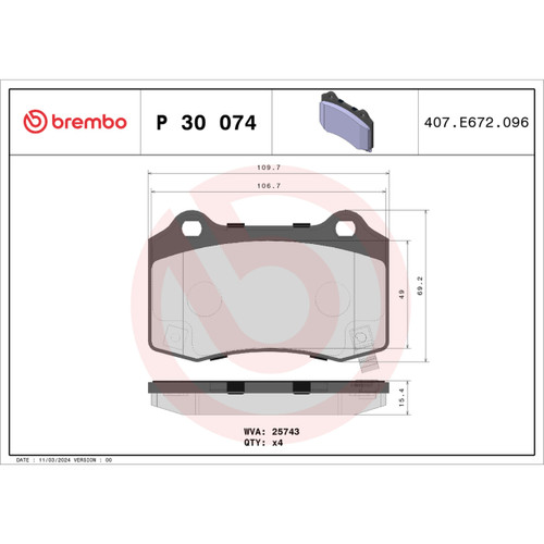 PRIME Low-Met Brake Pad Set for 2010-2021 Hyundai/Jeep/Tesla (Genesis Coupe, Grand Cherokee, X, S) P30074 - diagram