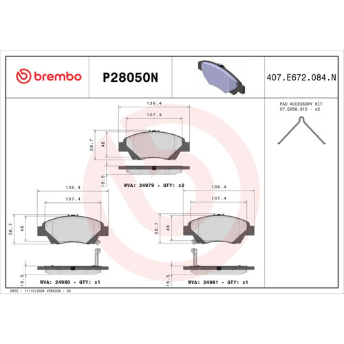 PRIME Ceramic Brake Pad Set for 2009-2020 Honda (Fit, CR-Z) P28050N - diagram