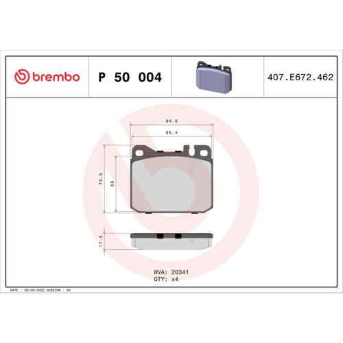 PRIME Low-Met Brake Pad Set for 1985-1991 Mercedes-Benz (300CD, 300SDL, 300SE, 300SEL) P50004 - diagram