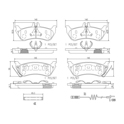 PRIME Ceramic Brake Pad Set for 1998-2005 Mercedes-Benz (ML320, ML350, ML430) P50044N - diagram
