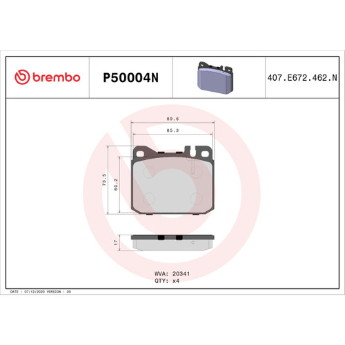 PRIME Ceramic Brake Pad Set for 1985-1991 Mercedes-Benz (300CD, 300SDL, 300SE, 300SEL) P50004N - diagram