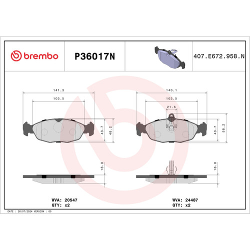 PRIME Ceramic Brake Pad Set for 1998-2006 Jaguar (Vanden Plas, XJ8, XJR, XK8) P36017N - diagram