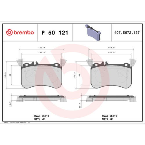 PRIME Low-Met Brake Pad Set for 2014-2019 Mercedes-Benz (CLA45 AMG, GLA45 AMG) P50121 - diagram