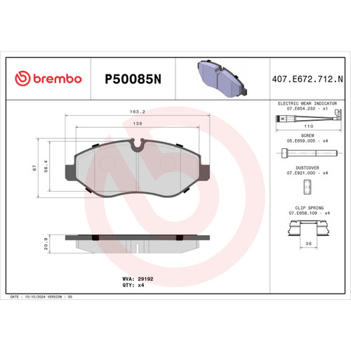 PRIME Ceramic Brake Pad Set for 2007-2021 Dodge/Mercedes-Benz (Sprinter 2500, Metris) P50085N - diagram