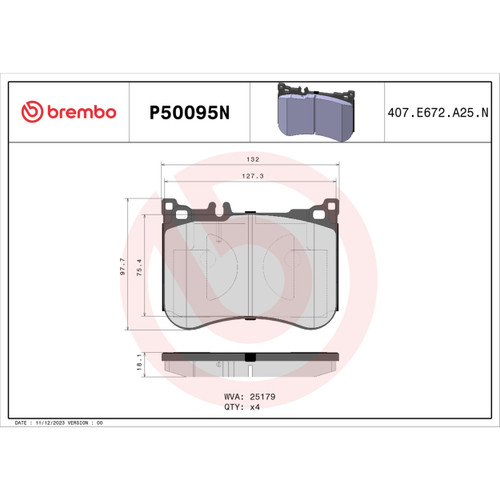 PRIME Ceramic Brake Pad Set for 2013-2021 Mercedes-Benz (SL550, S560e, E53 AMG, S450) P50095N - diagram