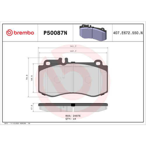 PRIME Ceramic Brake Pad Set for 2010-2011 Mercedes-Benz (E550) P50087N - diagram