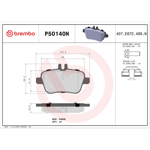 PRIME Ceramic Brake Pad Set for 2014-2020 Mercedes-Benz/INFINITI (CLA250, GLA250, QX30, SLC300) P50140N - diagram