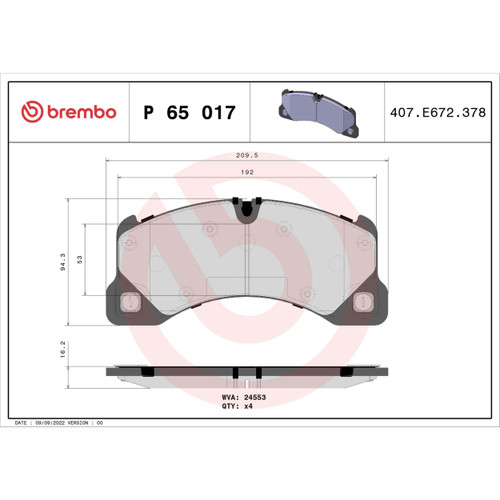 PRIME Low-Met Brake Pad Set for 2008-2025 Porsche/Audi (Cayenne, Panamera, Taycan, e-tron GT) P65017 - diagram