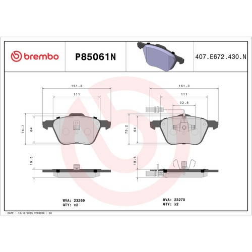 PRIME Ceramic Brake Pad Set for 2001-2003 Volkswagen (EuroVan) P85061N - diagram
