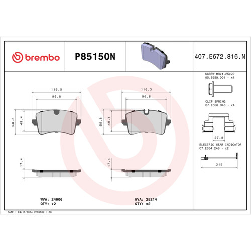 PRIME Ceramic Brake Pad Set for 2012-2024 Audi/Porsche (A7 Quattro, A6 Quattro, A6, S7) P85150N - diagram