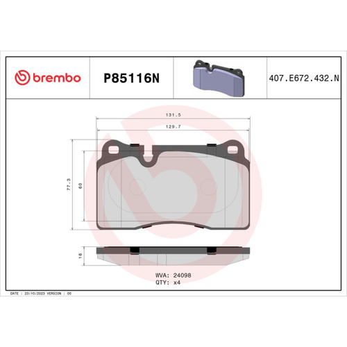 PRIME Ceramic Brake Pad Set for 2012-2013 Audi (TT RS Quattro) P85116N - diagram