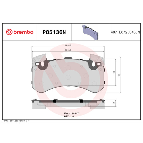 PRIME Ceramic Brake Pad Set for 2012-2018 Audi (A8 Quattro, S7, S8, S6) P85136N - diagram