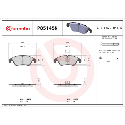 PRIME Ceramic Brake Pad Set for 2009-2018 Audi (Q5, A7 Quattro, A6, A6 Quattro) P85145N - diagram