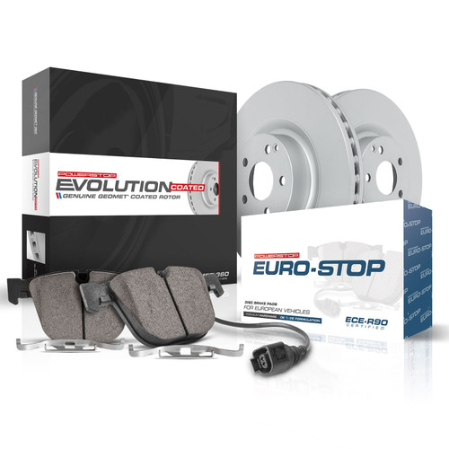 Front Evolution Coated Rotors, Ece-R90 Brake Pads + Hardware Kit ESK4575 - kit contents