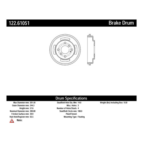 Premium Brake Drum for 2011-2019 Ford (Fiesta) 122.61051