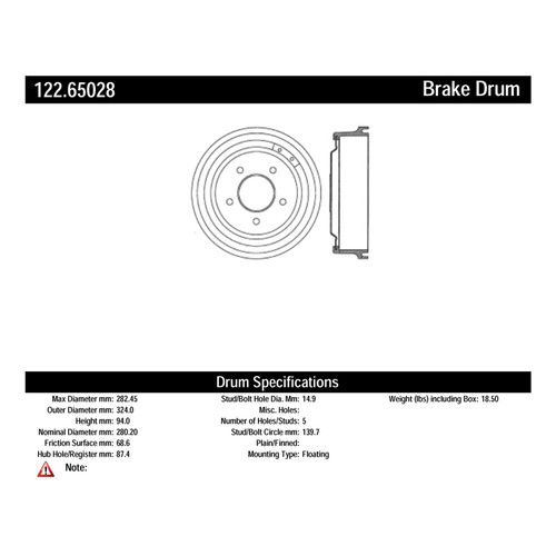 Premium Brake Drum for 1986-2000 Ford (Bronco, E-150 Econoline, E-150 Econoline Club Wagon, F-150) 122.65028
