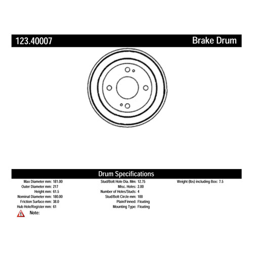 C-Tek Standard Brake Drum for 1984-1997 Honda (Civic, Civic del Sol, CRX) 123.40007