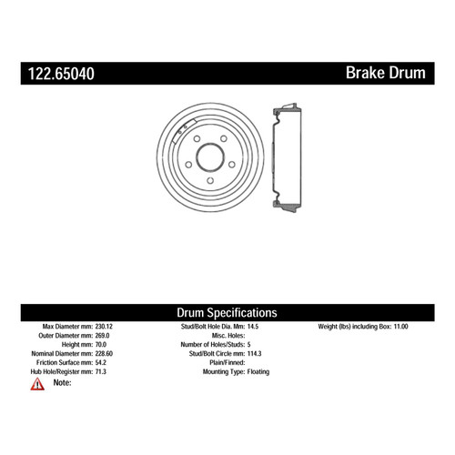 Premium Brake Drum for 1998-2010 Ford/Mazda (Ranger, B2300, B2500, B3000) 122.65040