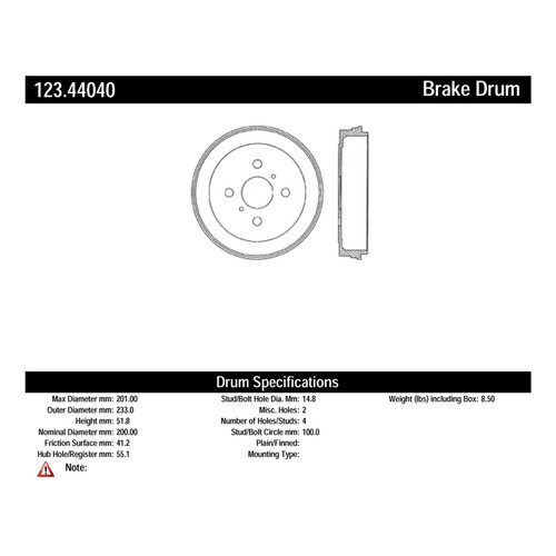 C-Tek Standard Brake Drum for 2001-2006 Toyota/Scion (Prius, xA, xB, Yaris) 123.44040
