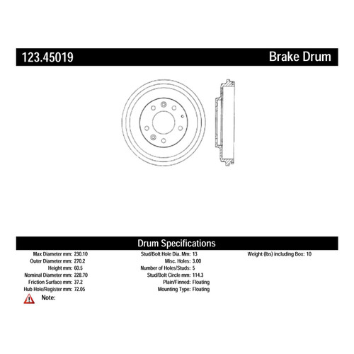 C-Tek Standard Brake Drum for 1993-2002 Ford/Mazda (Probe, MX-6, 626) 123.45019