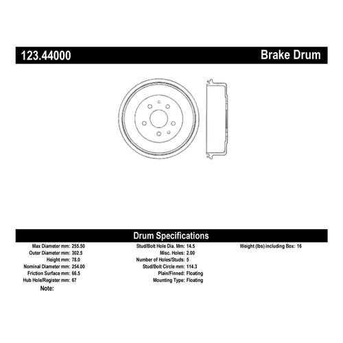 C-Tek Standard Brake Drum for 1972-1992 Toyota (Pickup, Hi-Lux) 123.44000