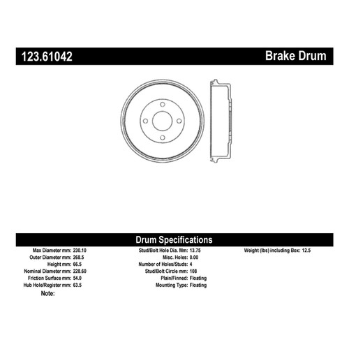 C-Tek Standard Brake Drum for 1997-2012 Ford/Mercury (Contour, Cougar, Mystique, Courier) 123.61042
