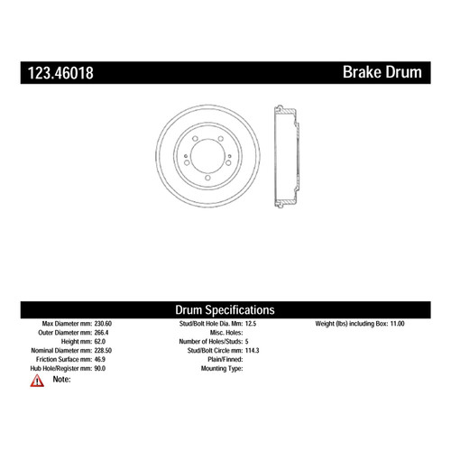C-Tek Standard Brake Drum for 1995-2005 Chrysler/Dodge/Eagle (Sebring, Avenger, Stratus, Talon) 123.46018