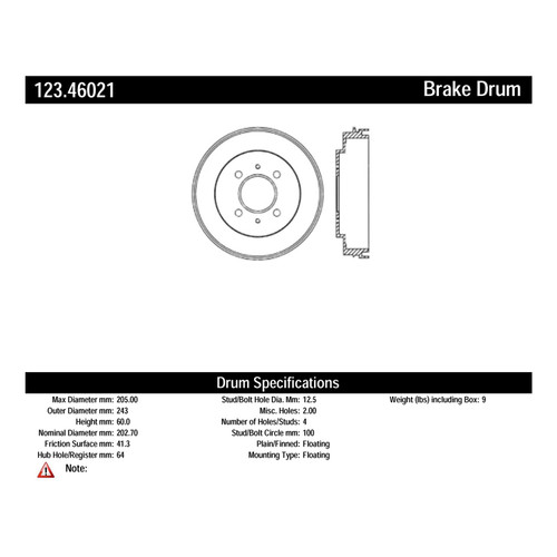 C-Tek Standard Brake Drum for 2002-2007 Mitsubishi (Lancer) 123.46021