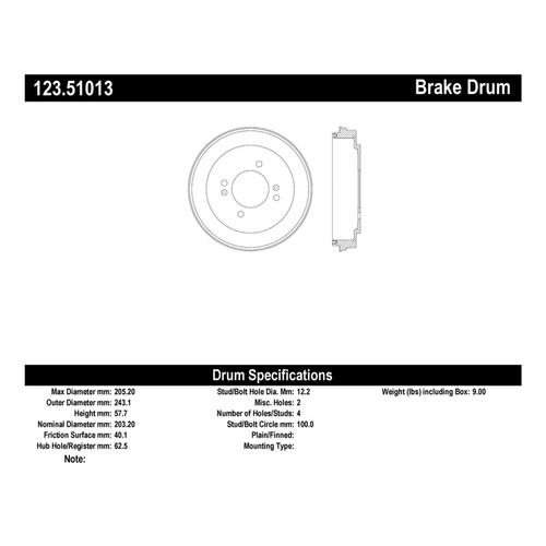 C-Tek Standard Brake Drum for 2006-2018 Kia/Hyundai/Dodge (Rio, Rio5, Accent, Attitude) 123.51013