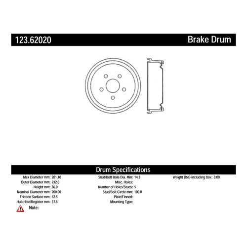 C-Tek Standard Brake Drum for 1980-2002 Buick/Cadillac/Chevrolet (Skyhawk, Skylark, Somerset, Somerset Regal) 123.62020