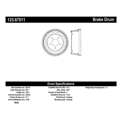 C-Tek Standard Brake Drum for 1987-1995 Chrysler/Dodge/Plymouth (Town &amp; Country, Caravan, Grand Caravan, Mini Ram) 123.67011