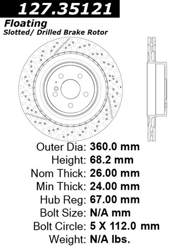 Premium OE Style Drilled and Slotted Brake Rotor for 2010-2018 Mercedes-Benz (E63 AMG, C63 AMG, CLS63 AMG, E63 AMG S) 127.35121