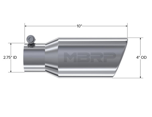 MBRP Universal Tip 4in OD 2.75in Inlet 10in Length Angled Rolled End T304