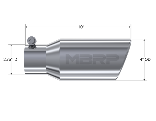 MBRP Universal Tip 4in OD 2.75in Inlet 10in Length Angled Rolled End T304