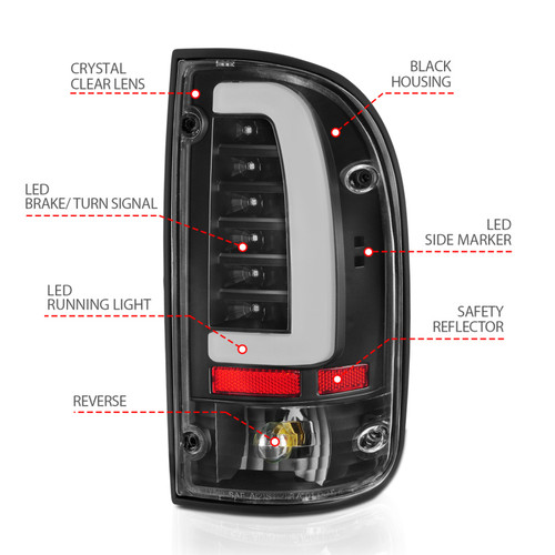 ANZO LED Tail Lights Black Housing Clear Lens (Pair) for Toyota Tacoma | 311353
