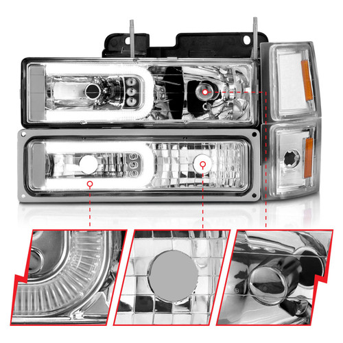 ANZO Crystal Headlights w/Light Bar Chrome 8Pcs for Chevrolet C1500 | 111529