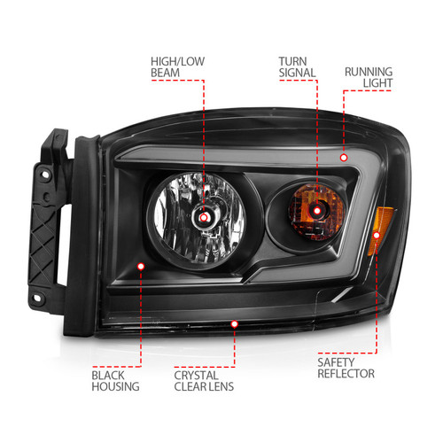 ANZO Headlights Blk Housing/Clear (w/Light Bars) for Dodge RAM 1500/2500