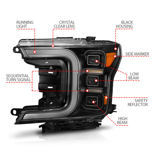ANZO Full Led Projector Light Bar Headlights Black Amber for Ford F-150 | 111519