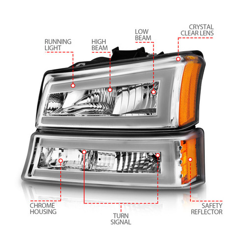 ANZO Crystal Headlights w/ Light Bar Chrome Housing for Chevrolet Silverado 1500
