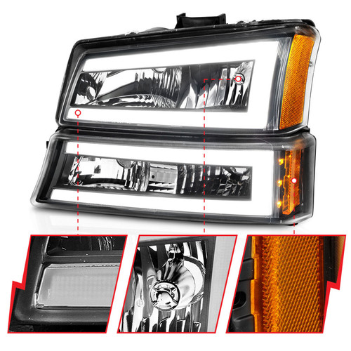 ANZO Crystal Headlights w/ Light Bar Black Housing for Chevrolet Silverado 1500
