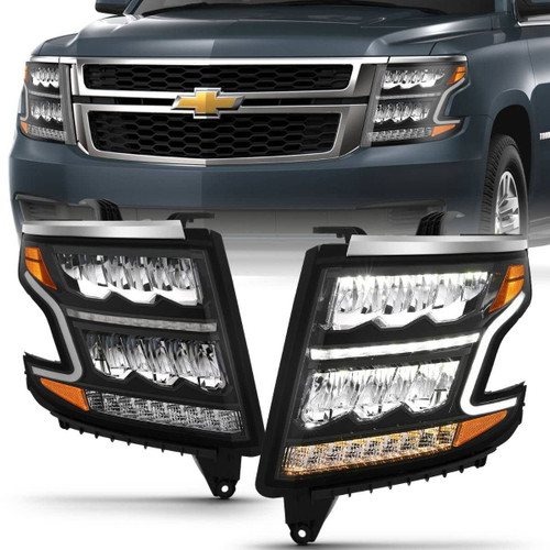 ANZO LED Light Bar Headlights Blk w/Seq DRL Amber for Chevy Tahoe/Suburban