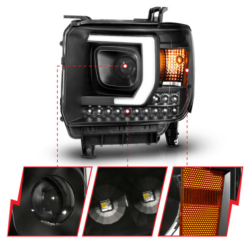 ANZO Projector Plank Style Headlight Black W/ Drl for Gmc Sierra 1500HD | 111450